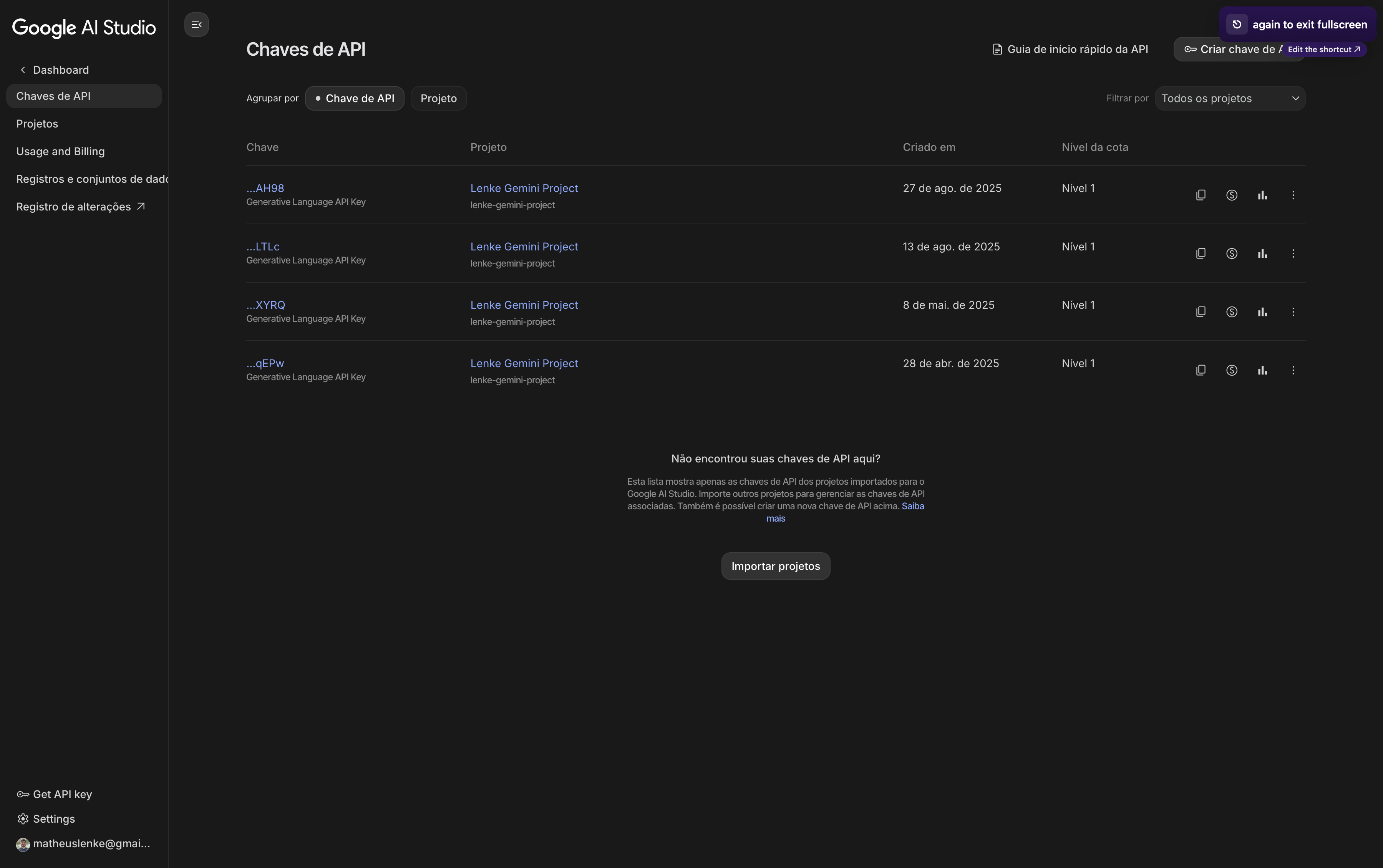 Google AI Studio API Keys page