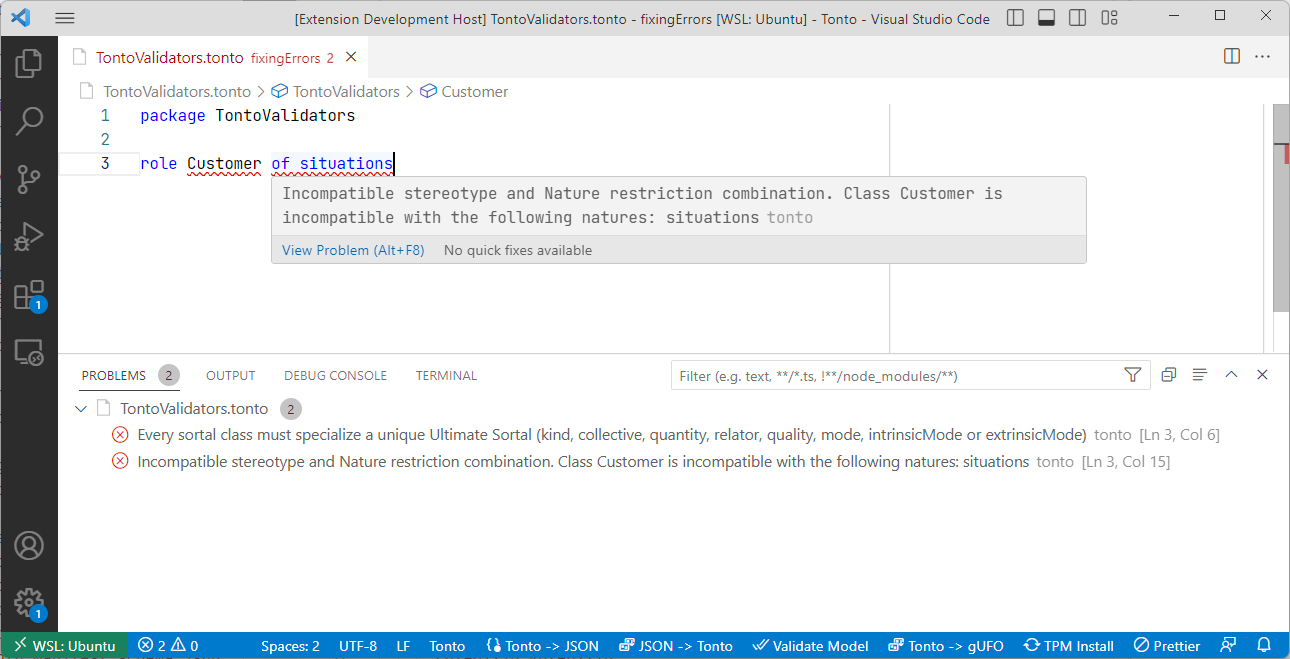 Tonto VSCode extension showing an error of the Compatible natures of sortals validator.