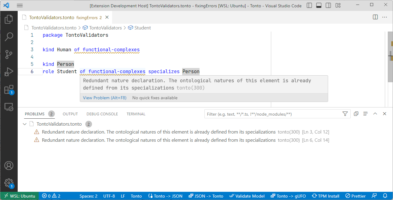 Tonto VSCode extension showing a warning of the Redundant Natures validator