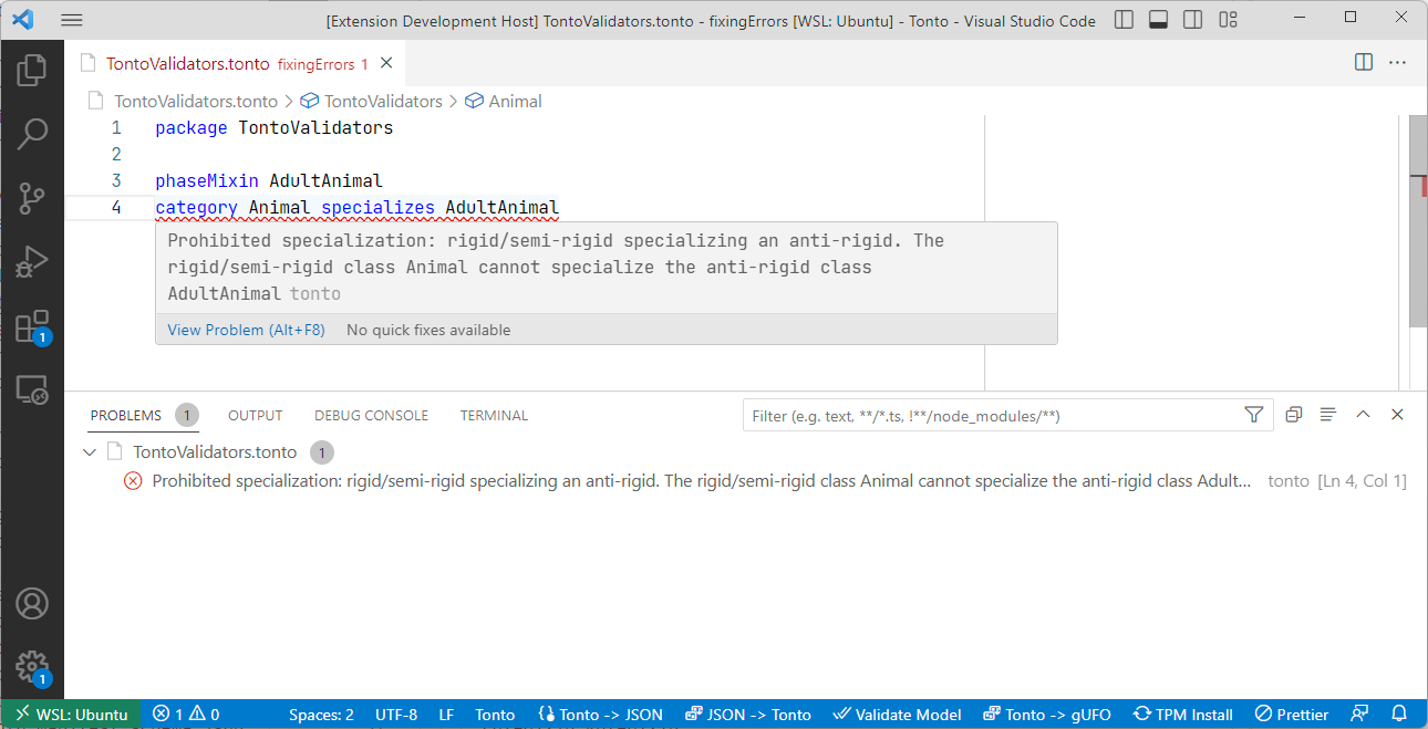 Tonto VSCode extension showing an error of Rigid element specializing Anti-rigid validator.