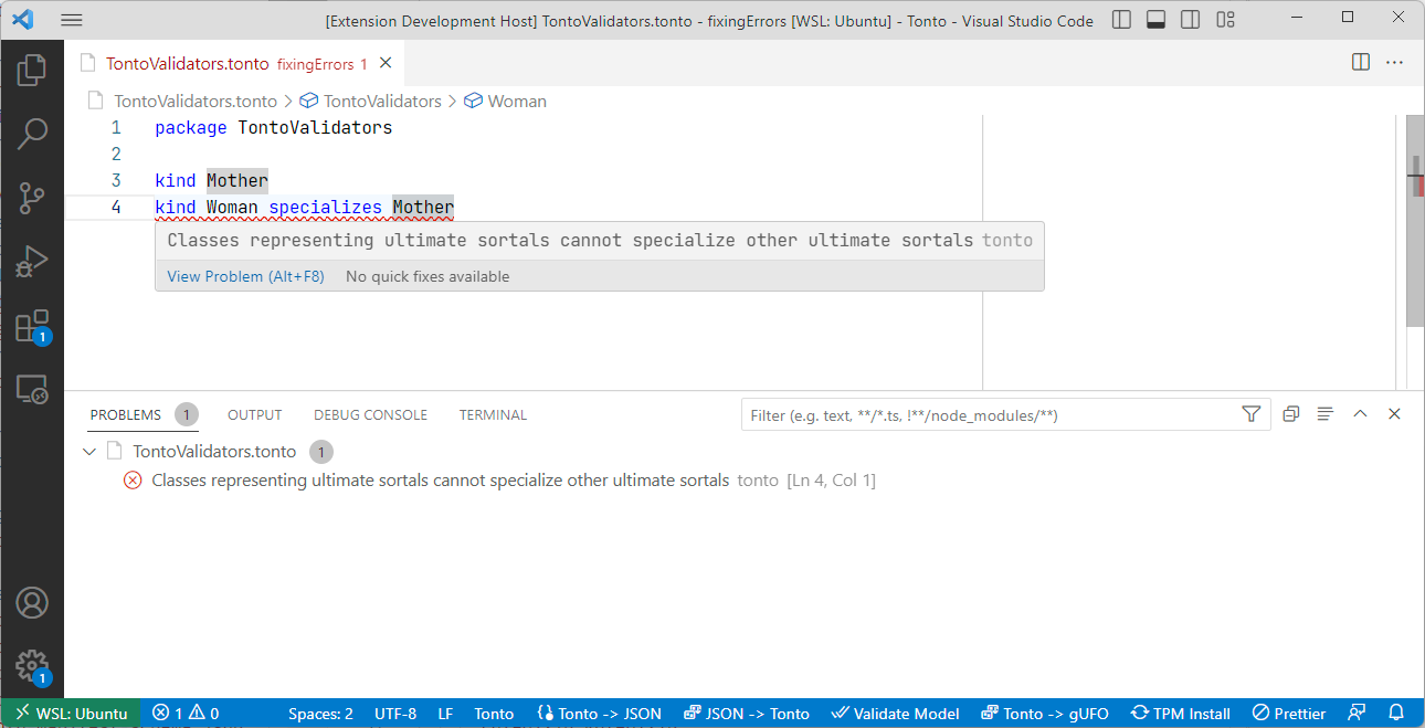 Tonto VSCode extension showing an error of the Ultimate sortal validator